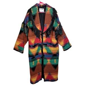 VTG Pioneer Wear Southwestern Aztec Style Full Length Duster Blanket Coat L USA